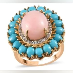 Peruvian Pink Opal and Turquoise with White Zircon Halo Ring